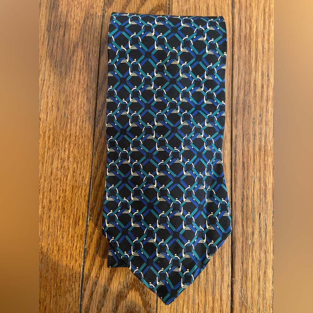 Christian Dior Mens Necktie. Black with blue, Green and Gold Pattern